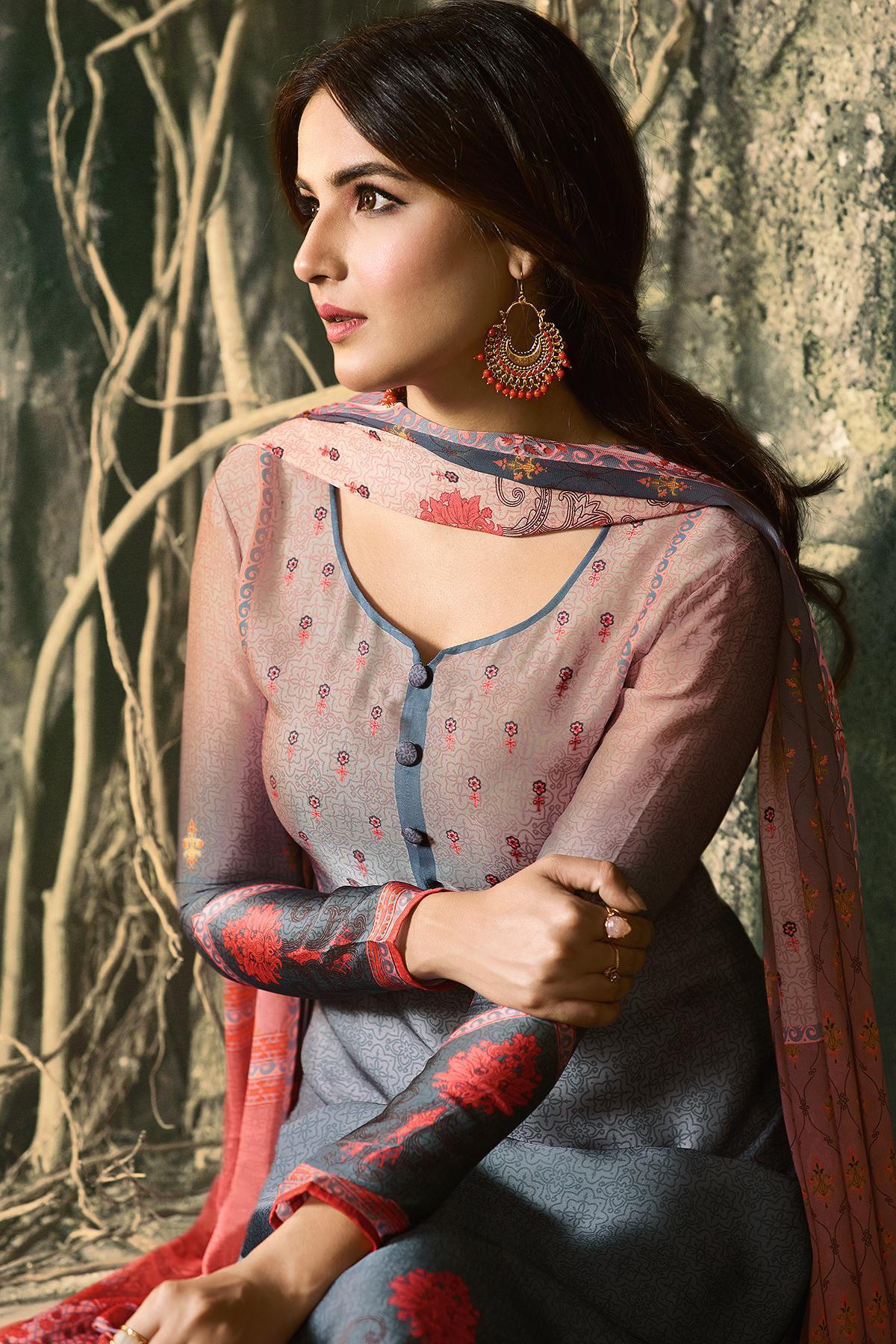Peach and Gray Shaded Georgette Sharara Suit