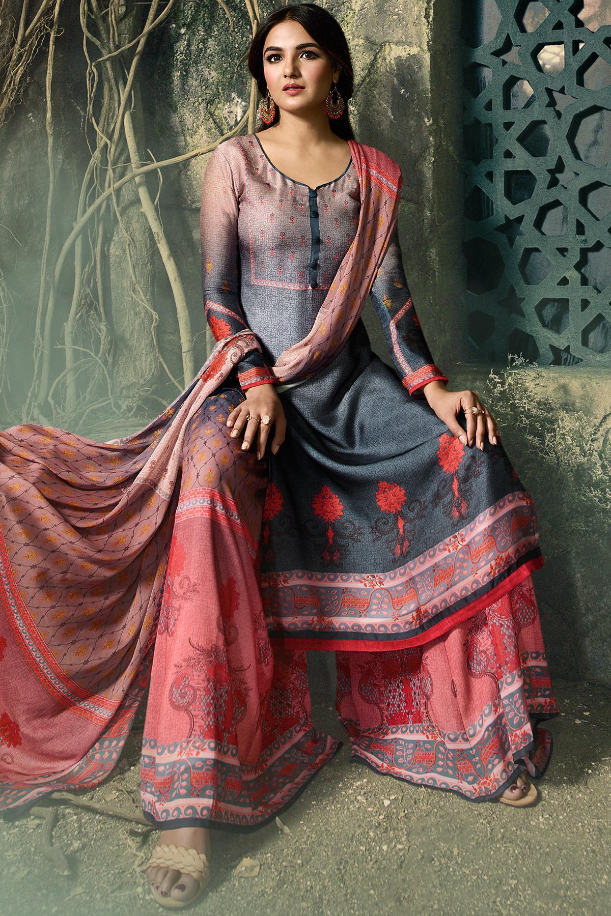 Peach and Gray Shaded Georgette Sharara Suit