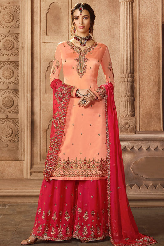 Peach and Hot Pink Georgette Palazzo Suit