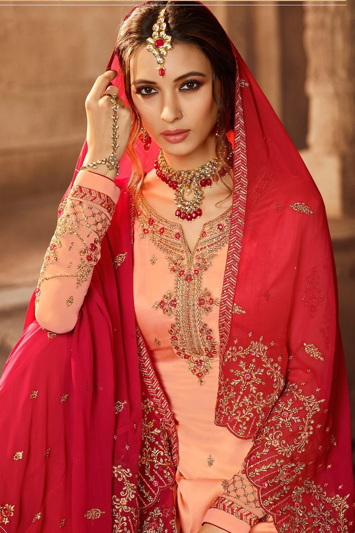 Peach and Hot Pink Georgette Palazzo Suit
