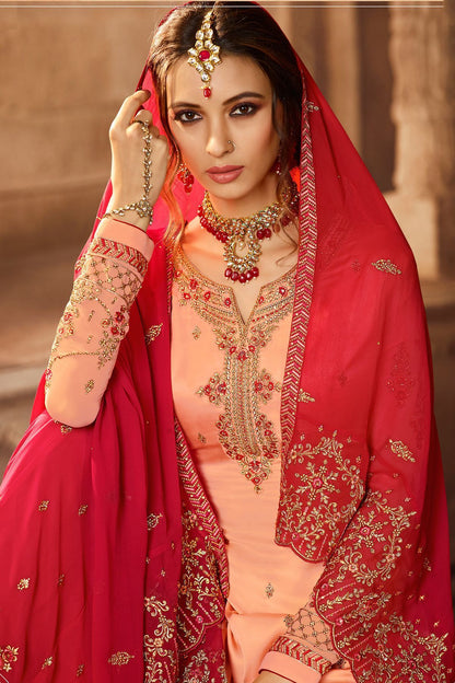 Peach and Hot Pink Georgette Palazzo Suit