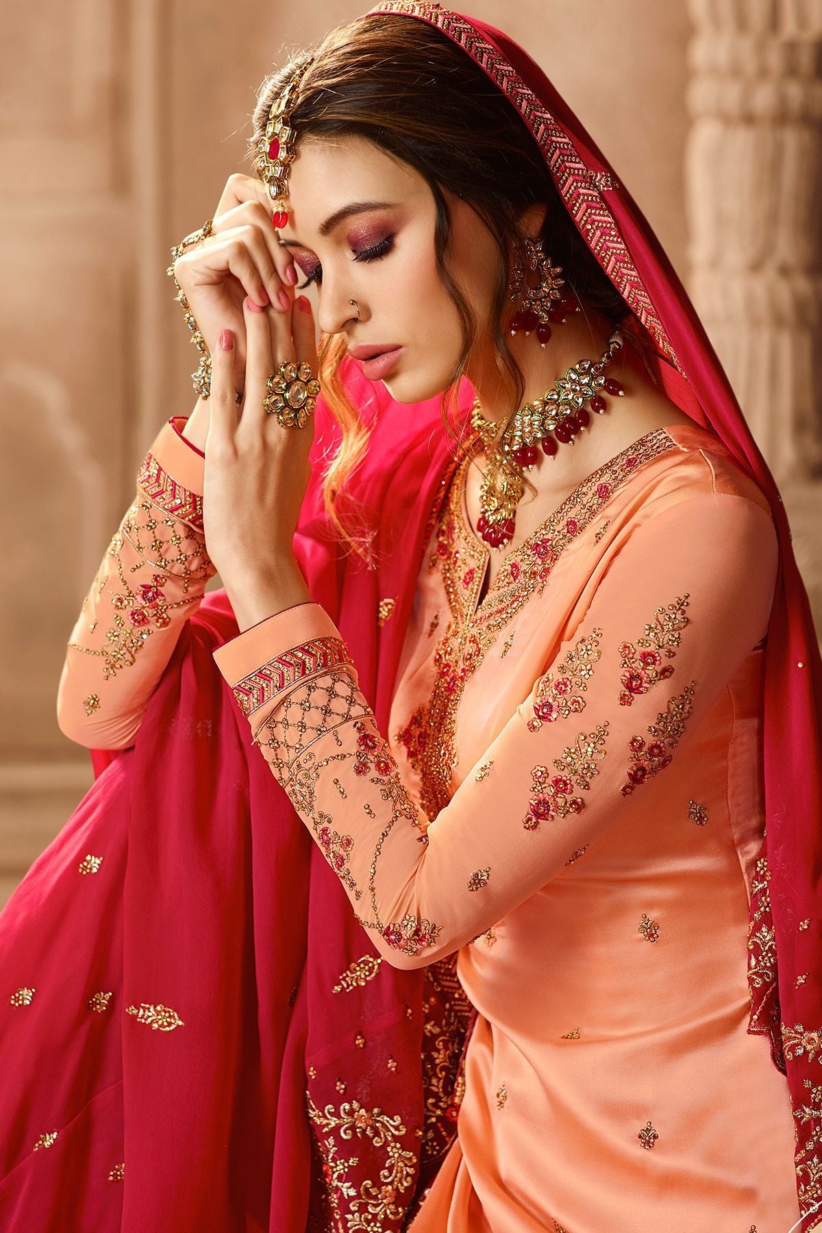 Peach and Hot Pink Georgette Palazzo Suit