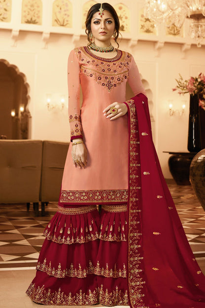 Peach and Magenta Embroidered Sharara Suit