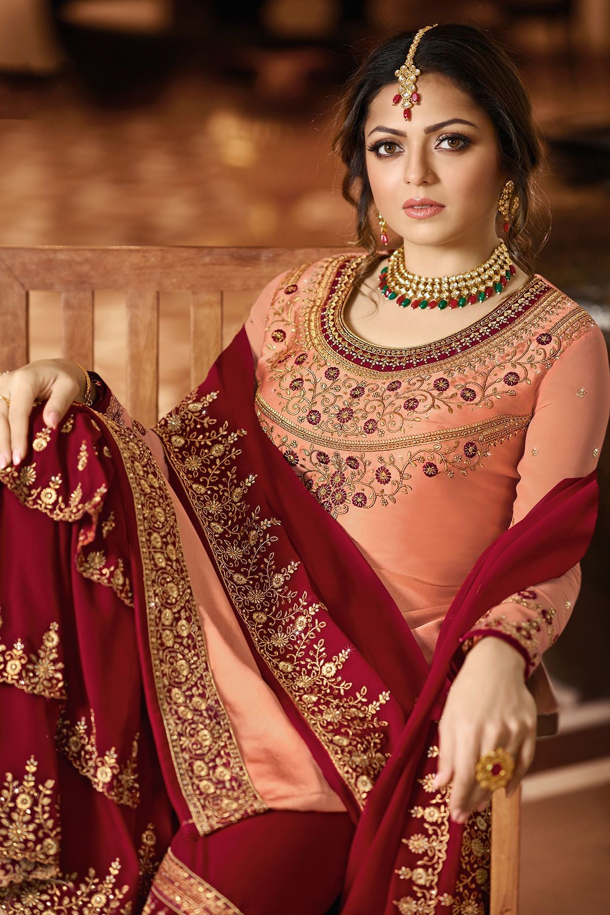 Peach and Magenta Embroidered Sharara Suit