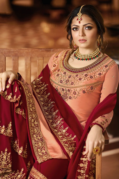 Peach and Magenta Embroidered Sharara Suit