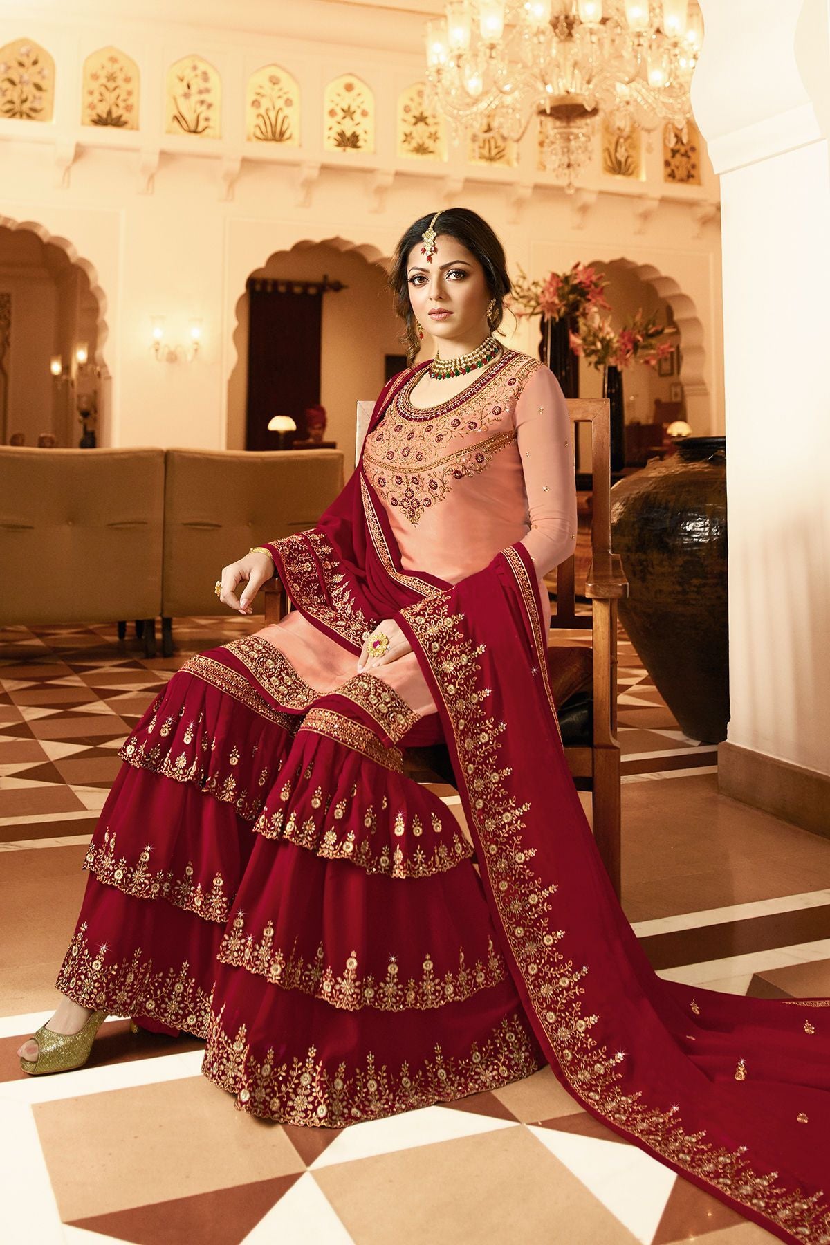 Peach and Magenta Embroidered Sharara Suit