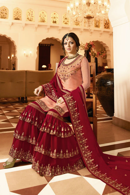 Peach and Magenta Embroidered Sharara Suit