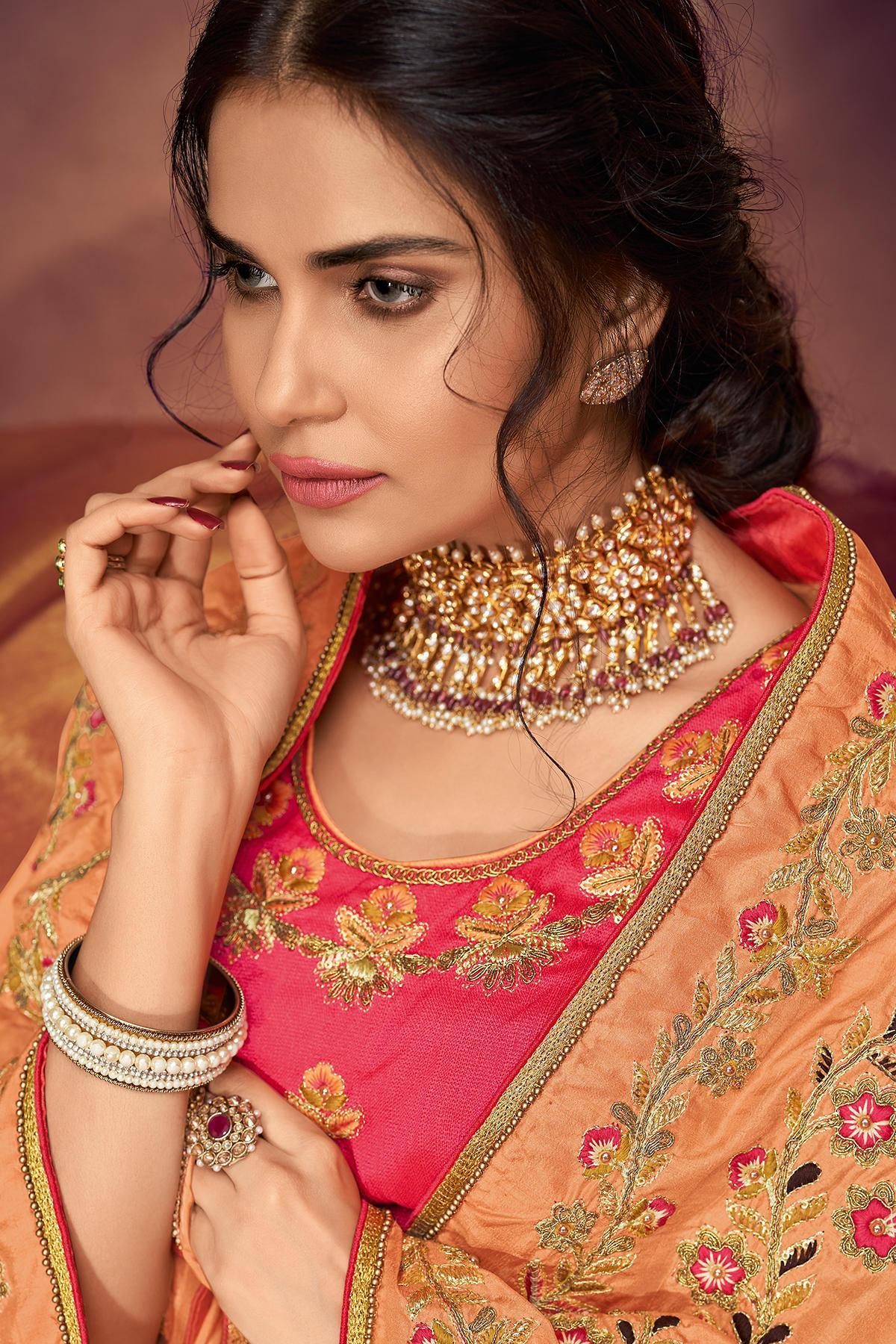 Peach And Pink Designer Fancy Fabric Saree