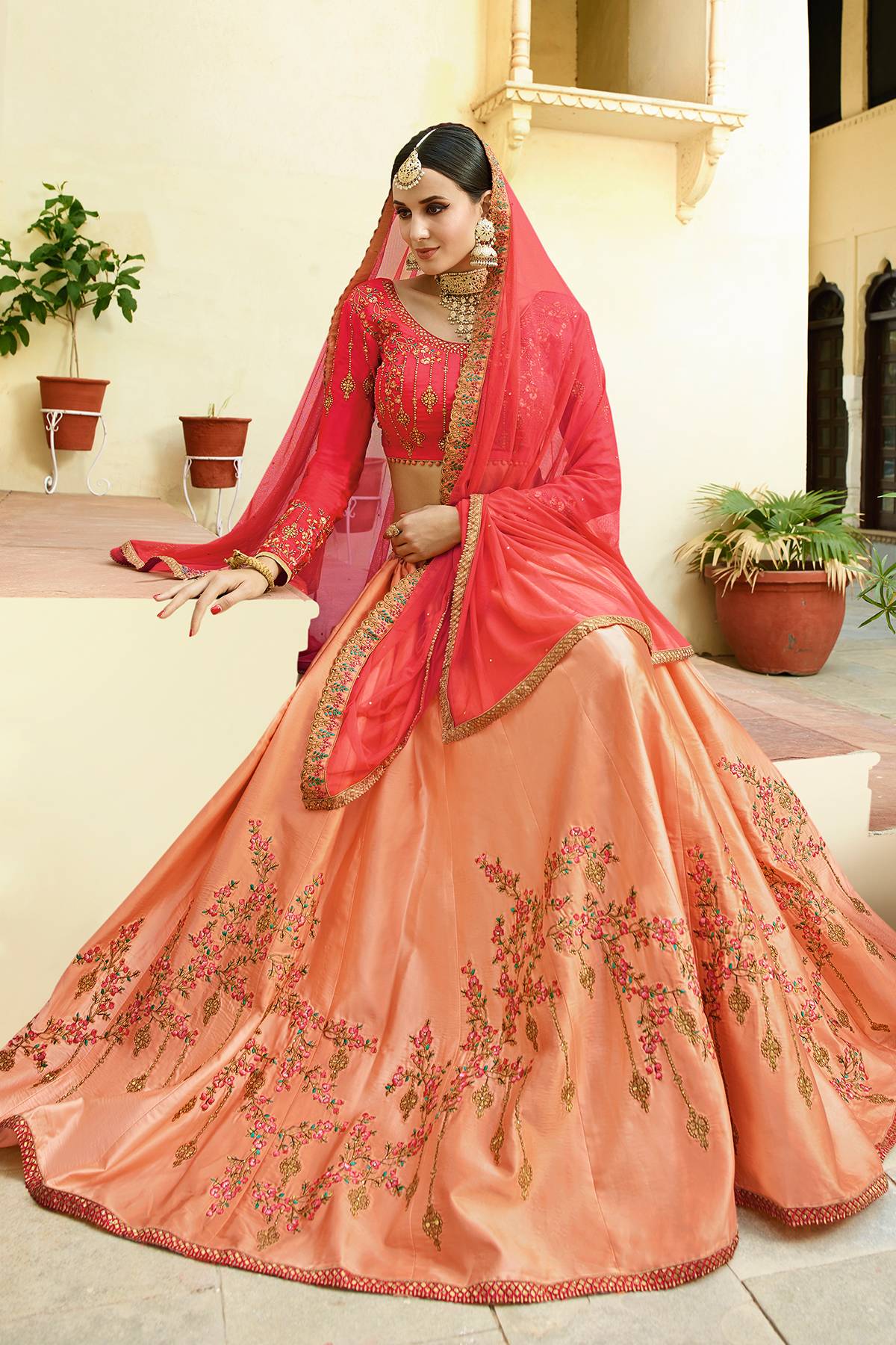 Peach and Pink Designer Silk Lehenga Choli