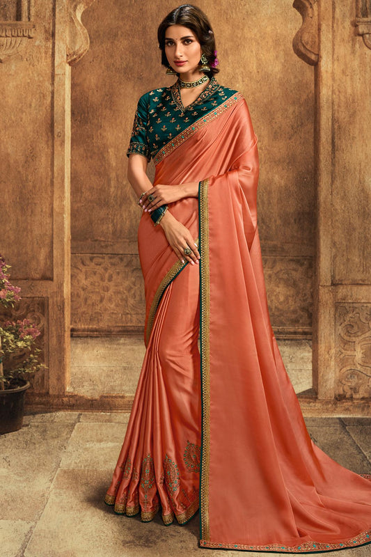 Peach And Rama Green Designer Silk Sari