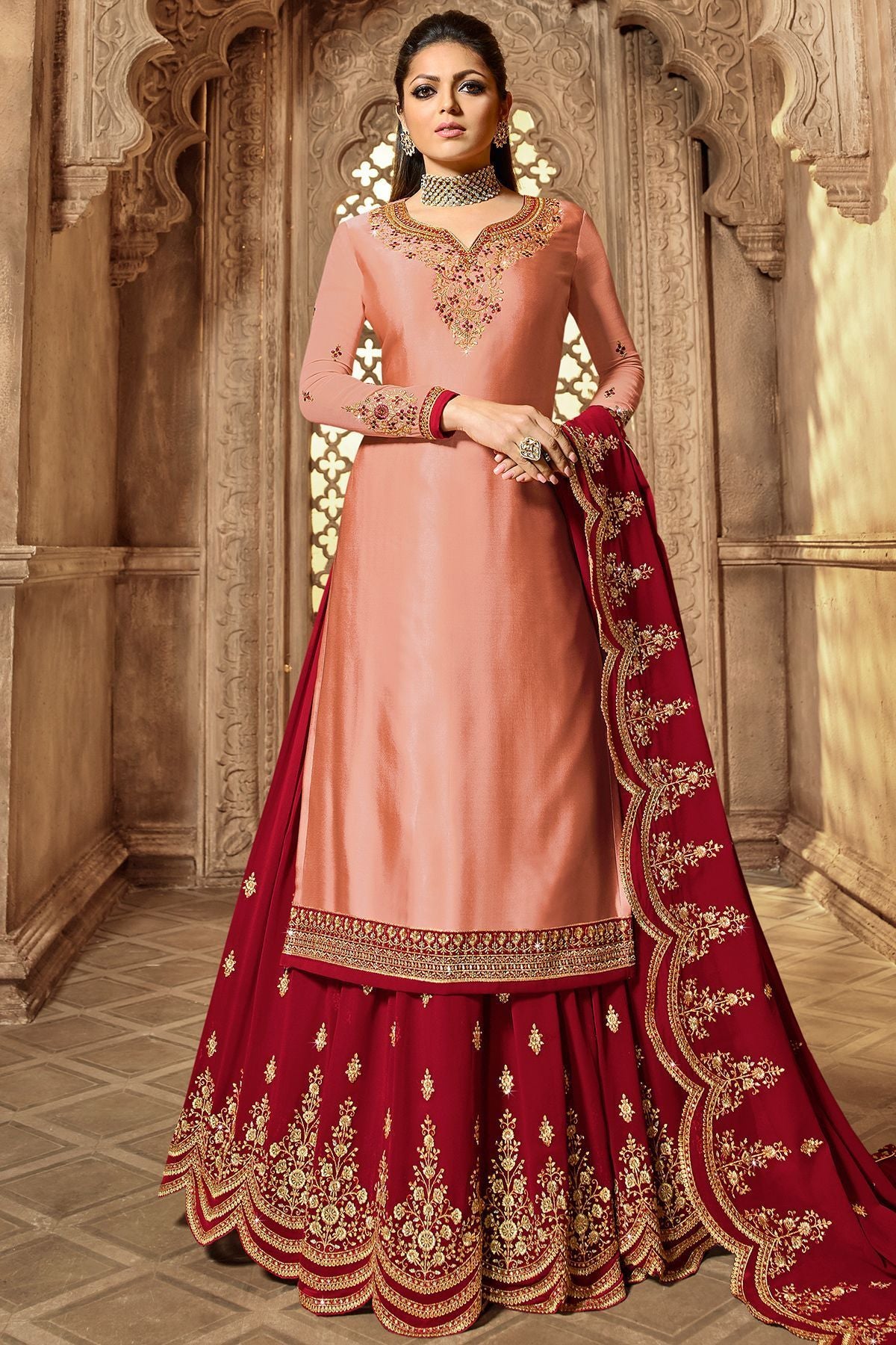 Peach And Red Designer Lehenga Kurti Set