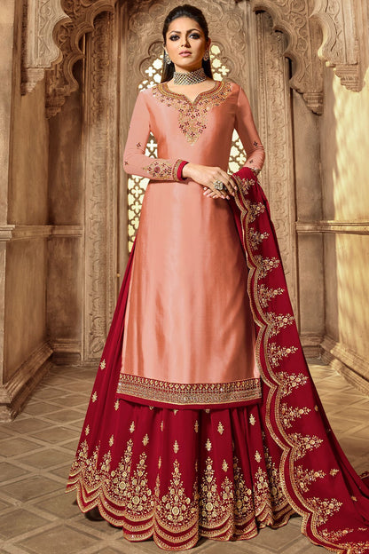 Peach And Red Designer Lehenga Kurti Set