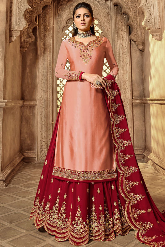 Peach And Red Designer Lehenga Kurti Set