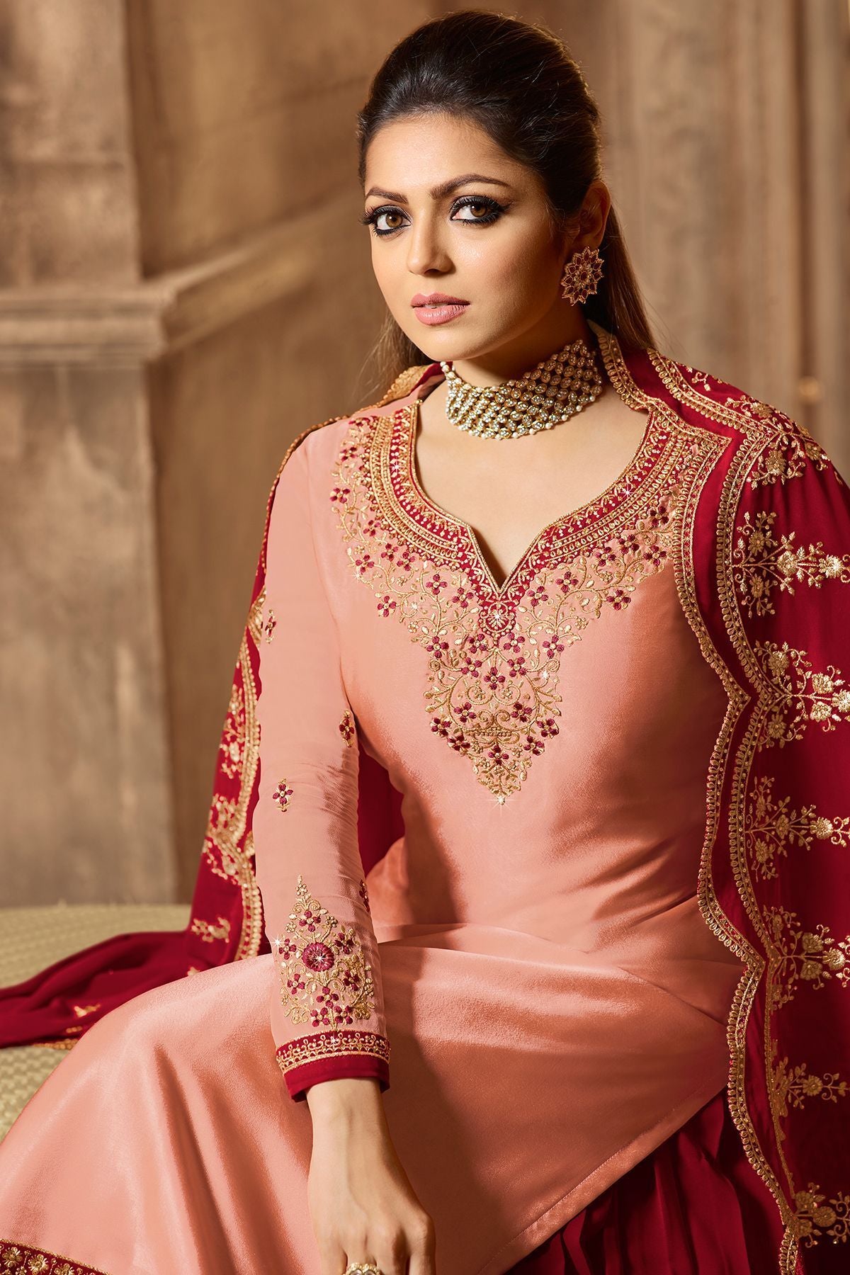 Peach And Red Designer Lehenga Kurti Set
