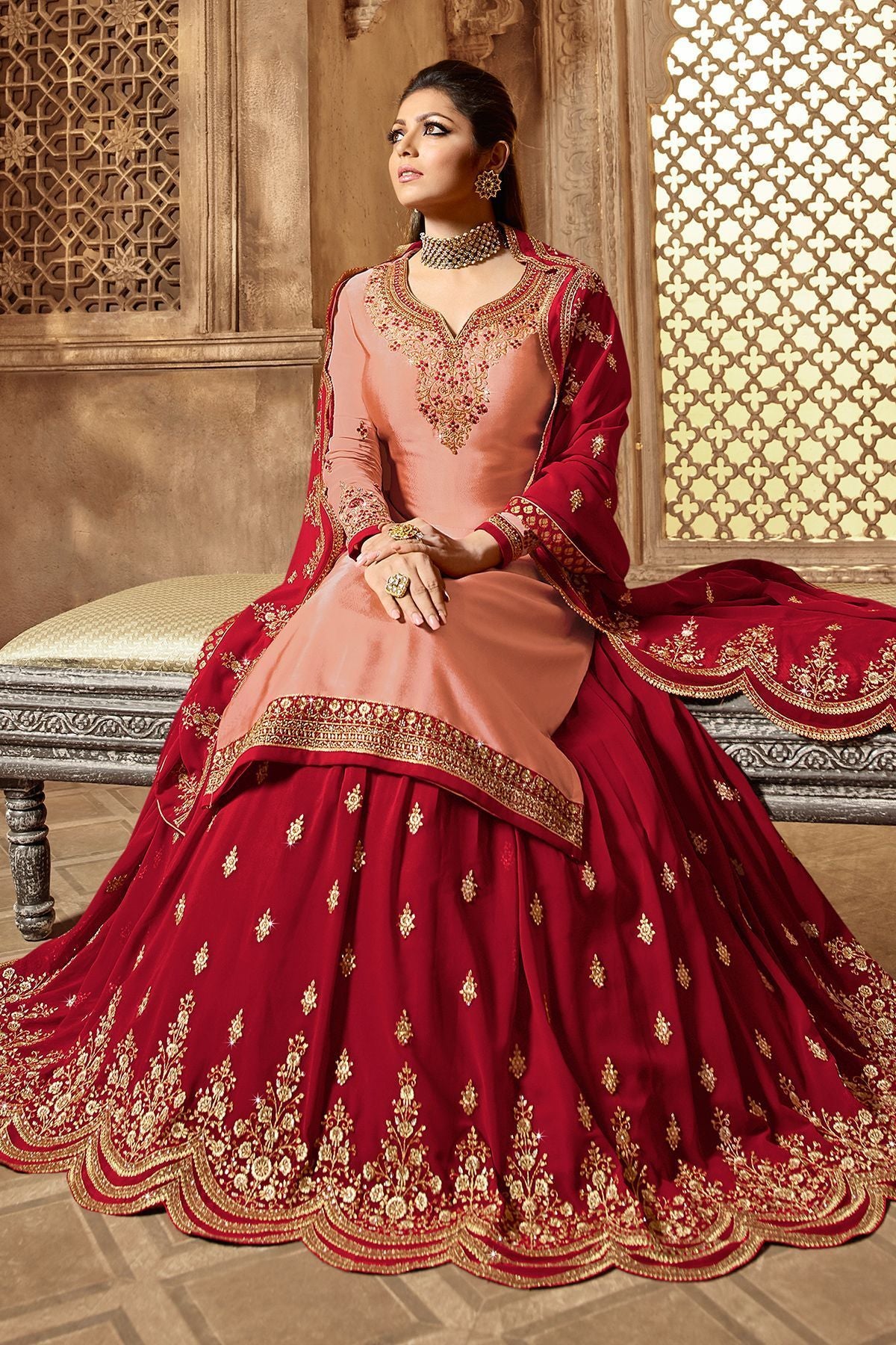 Peach And Red Designer Lehenga Kurti Set