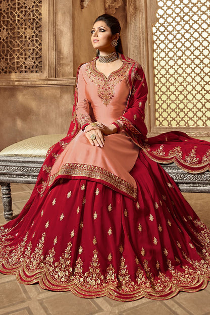 Peach And Red Designer Lehenga Kurti Set