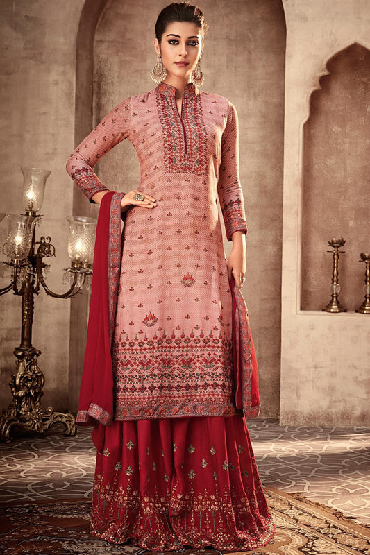 Peach and Red Printed Designer Sharara Suit