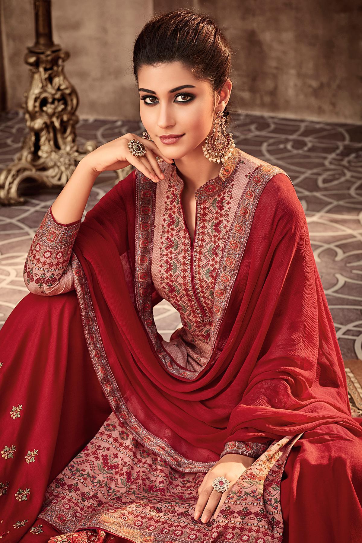 Peach and Red Printed Designer Sharara Suit