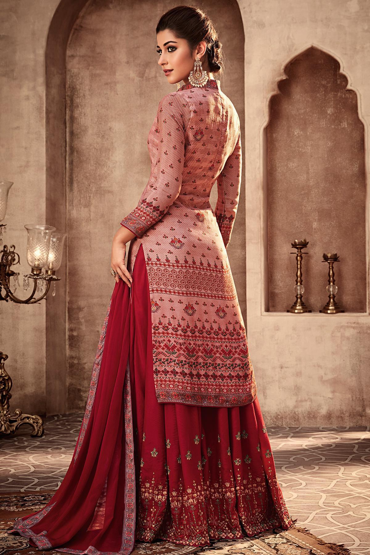 Peach and Red Printed Designer Sharara Suit