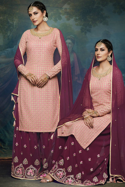Peach And Wine embroidered Palazzo Suit