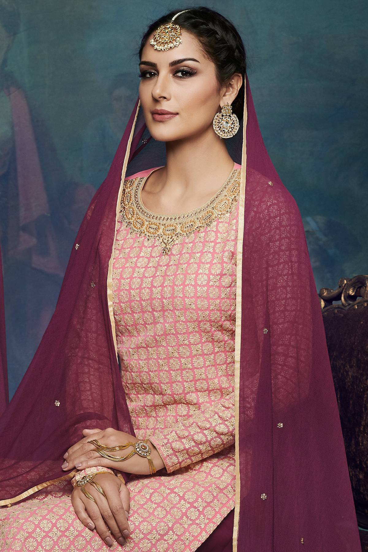 Peach And Wine embroidered Palazzo Suit