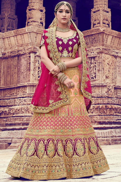Peach And Wine Naylon Satin Bridal Lehenga Choli