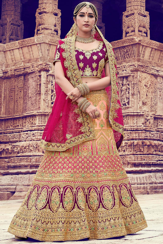 Peach And Wine Naylon Satin Bridal Lehenga Choli