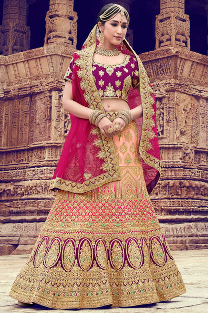 Peach And Wine Naylon Satin Bridal Lehenga Choli