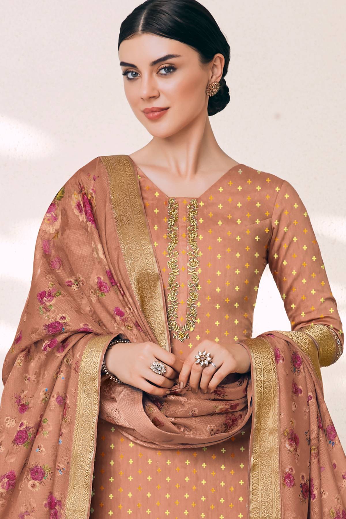 Peach Casual Printed Straight Suit
