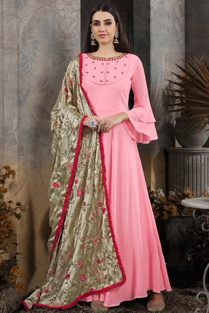 Peach Cotton Embroidered Designer Gown