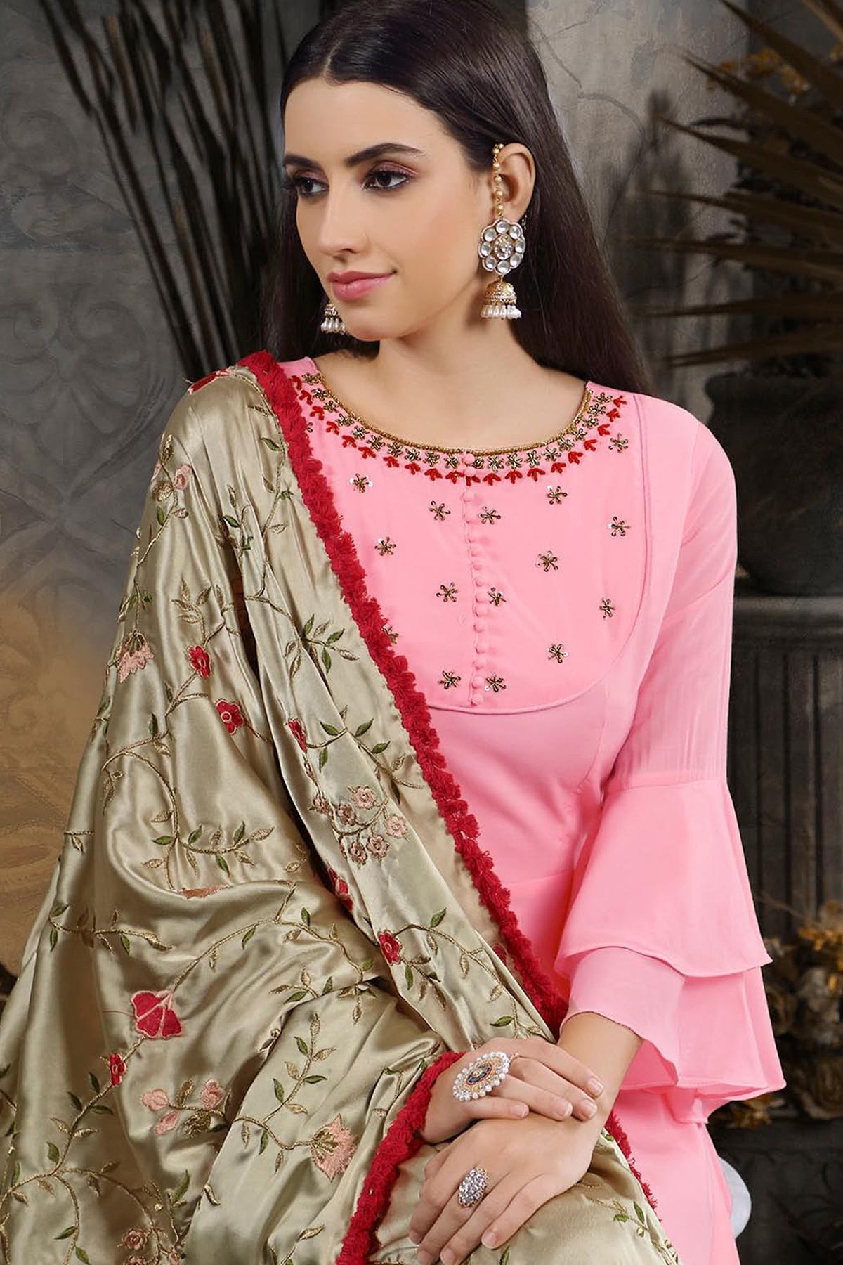 Peach Cotton Embroidered Designer Gown