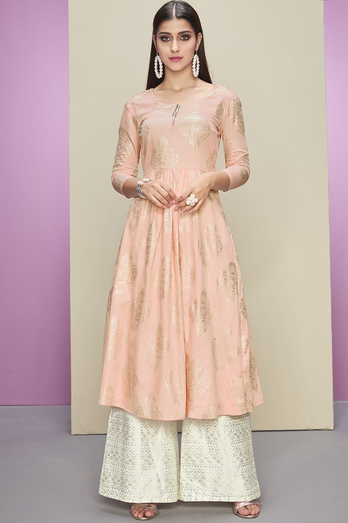 Peach Designer Cotton Kurti With Palazzo