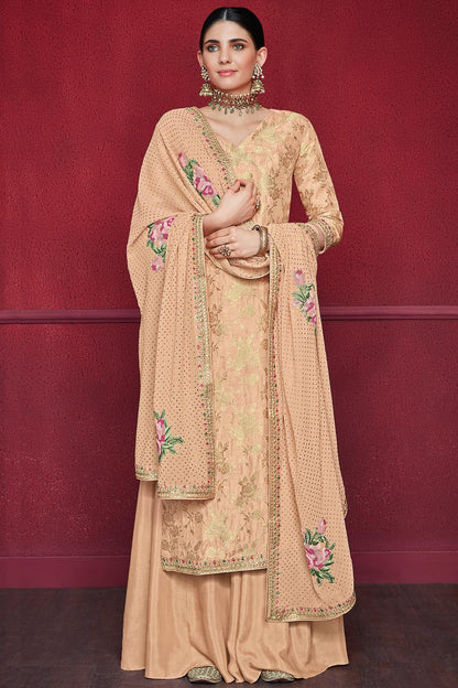 Peach Designer Dola Silk Palazzo Suit