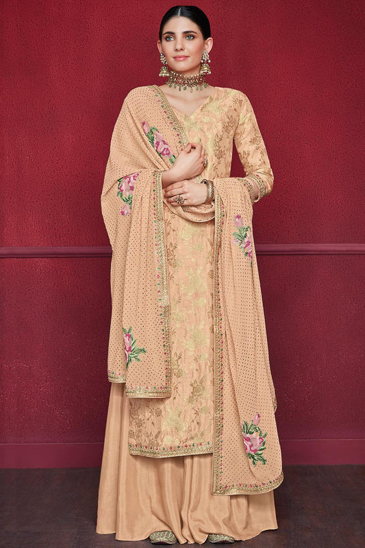 Peach Designer Dola Silk Palazzo Suit