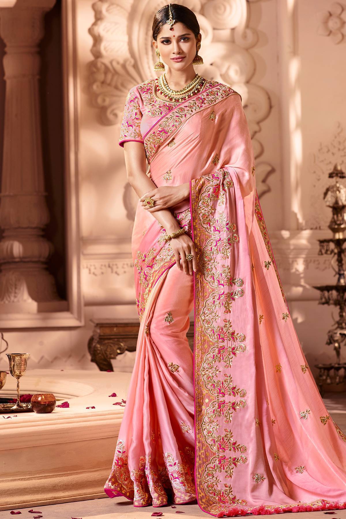Peach Designer Embroiderd Bridal Silk Sari