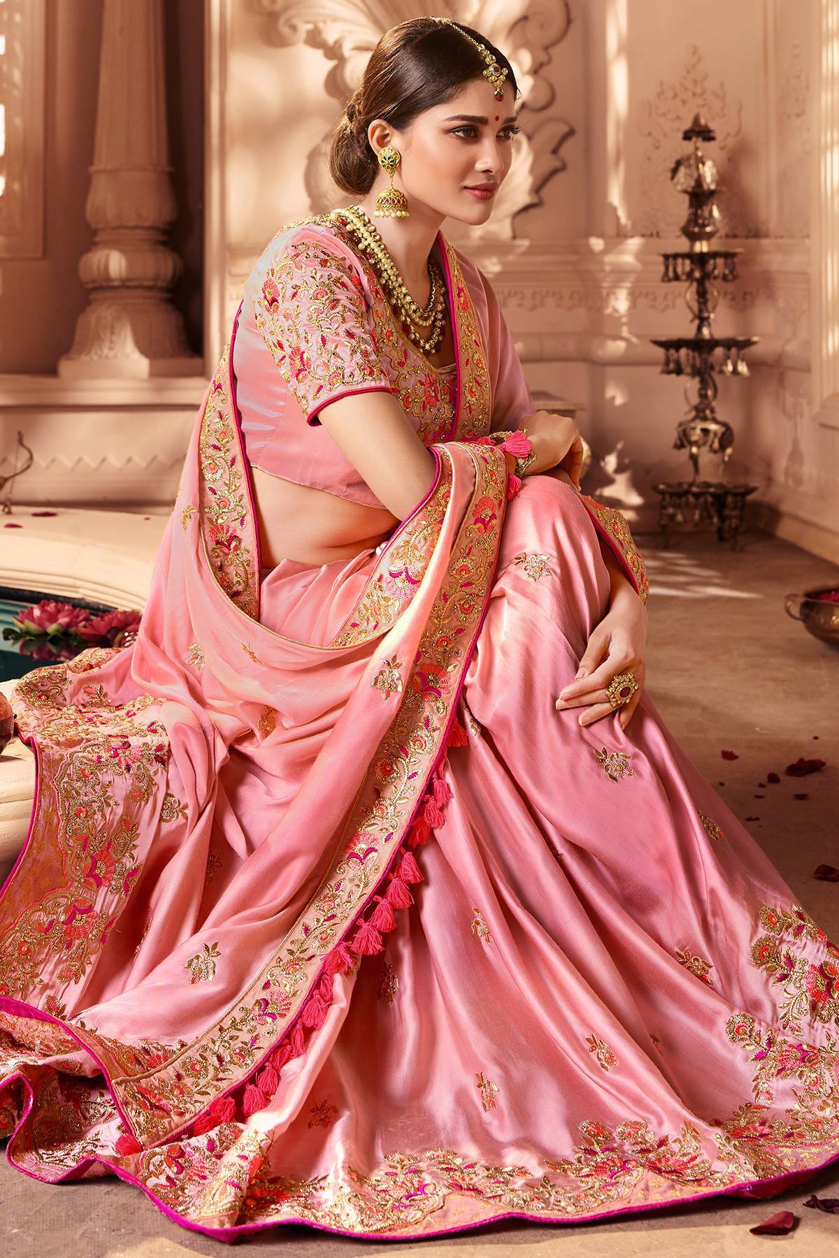 Peach Designer Embroiderd Bridal Silk Sari