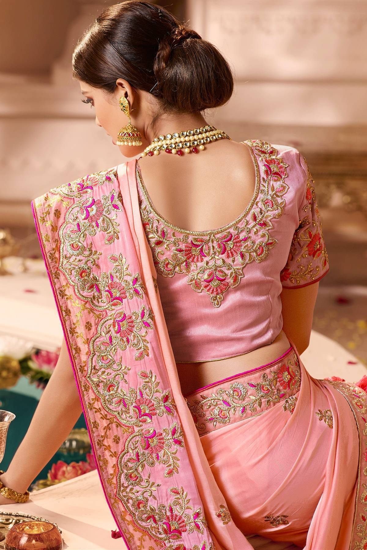 Peach Designer Embroiderd Bridal Silk Sari