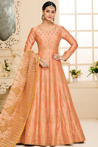 Peach Designer Embroidered Silk Anarkali Suit
