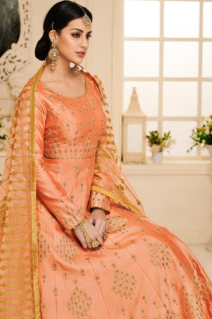 Peach Designer Embroidered Silk Anarkali Suit