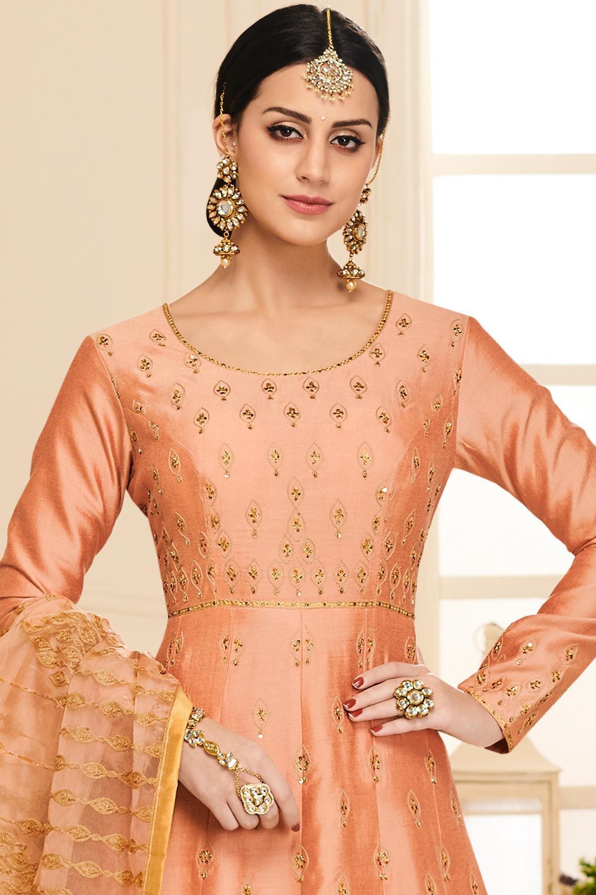 Peach Designer Embroidered Silk Anarkali Suit
