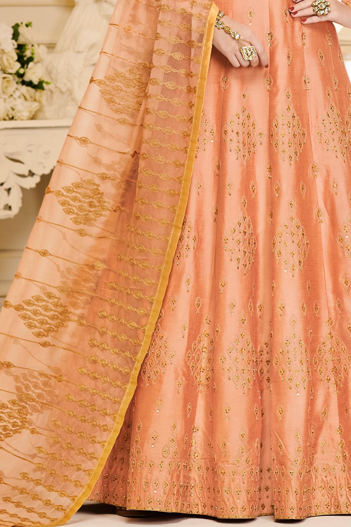 Peach Designer Embroidered Silk Anarkali Suit