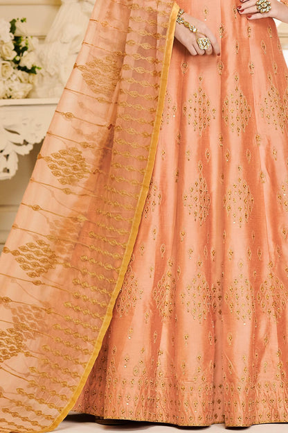 Peach Designer Embroidered Silk Anarkali Suit