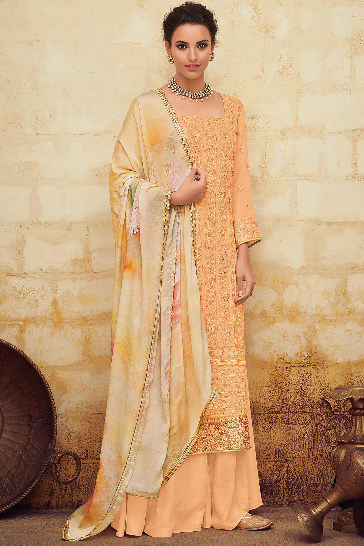 Peach Designer Georgette Palazzo Suit