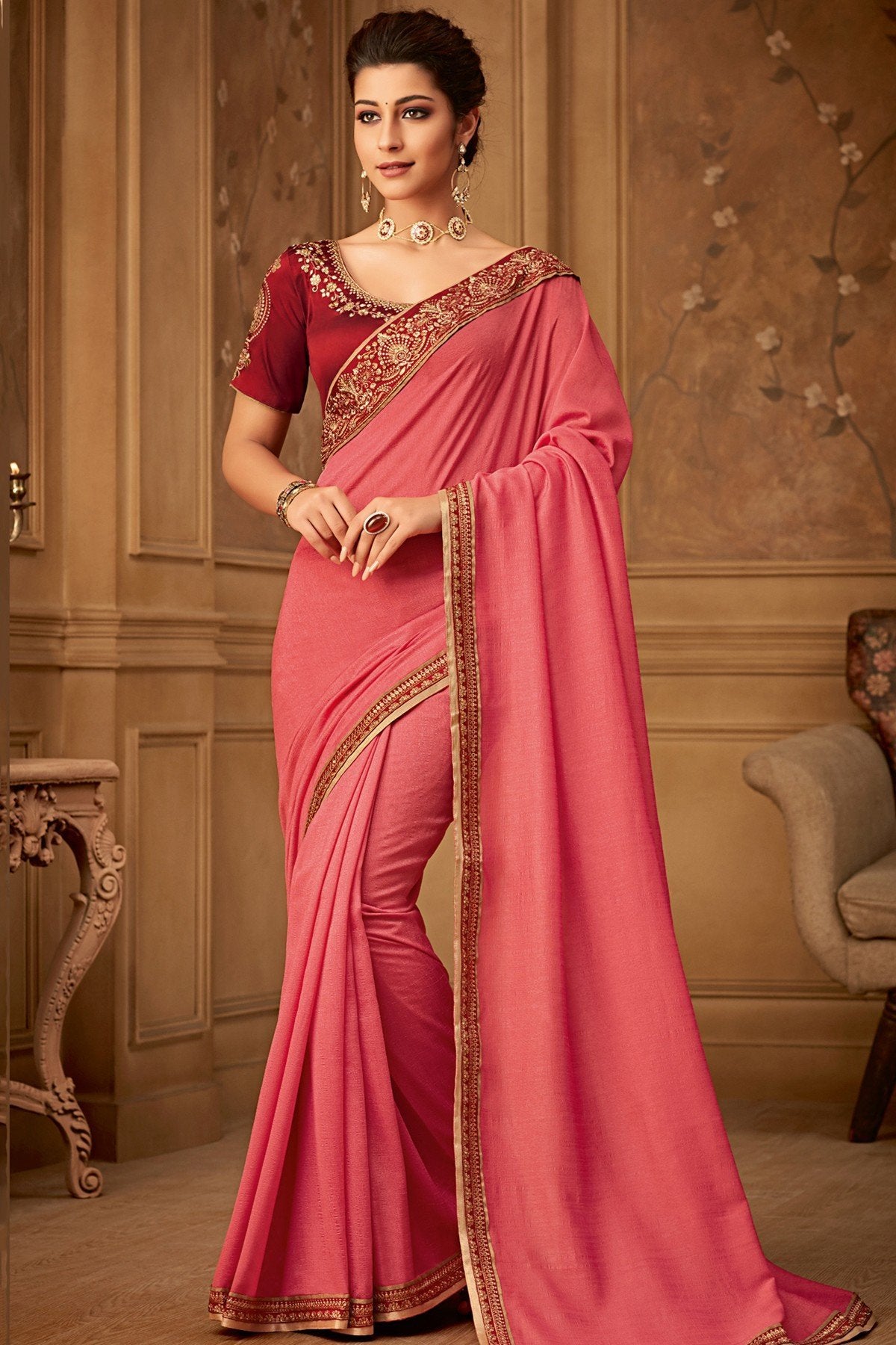 Peach Designer Party Wear Silk Sari