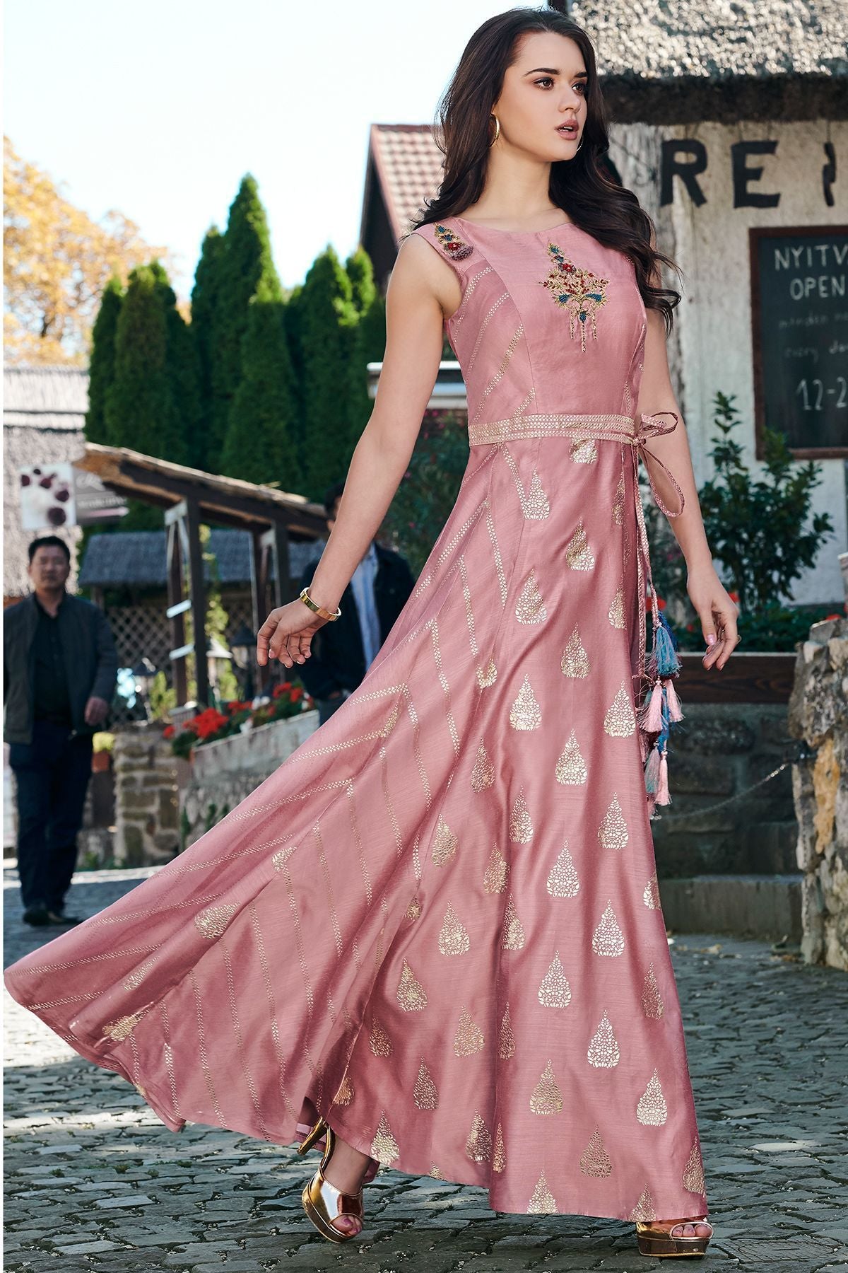 Peach Embroidered Designer Silk Gown