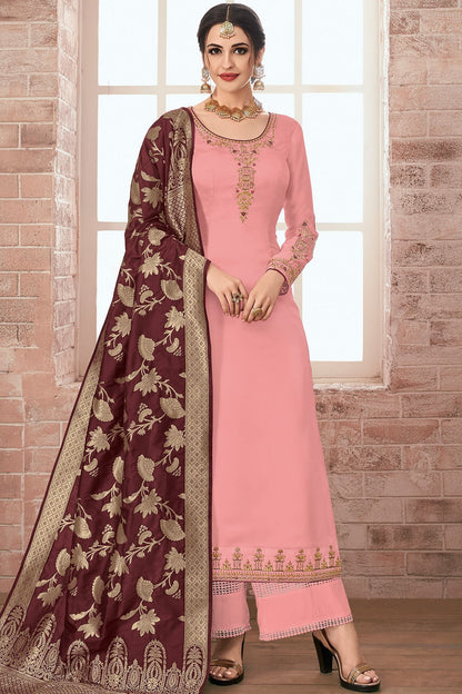 Peach Embroidered Georgette Straight Suit