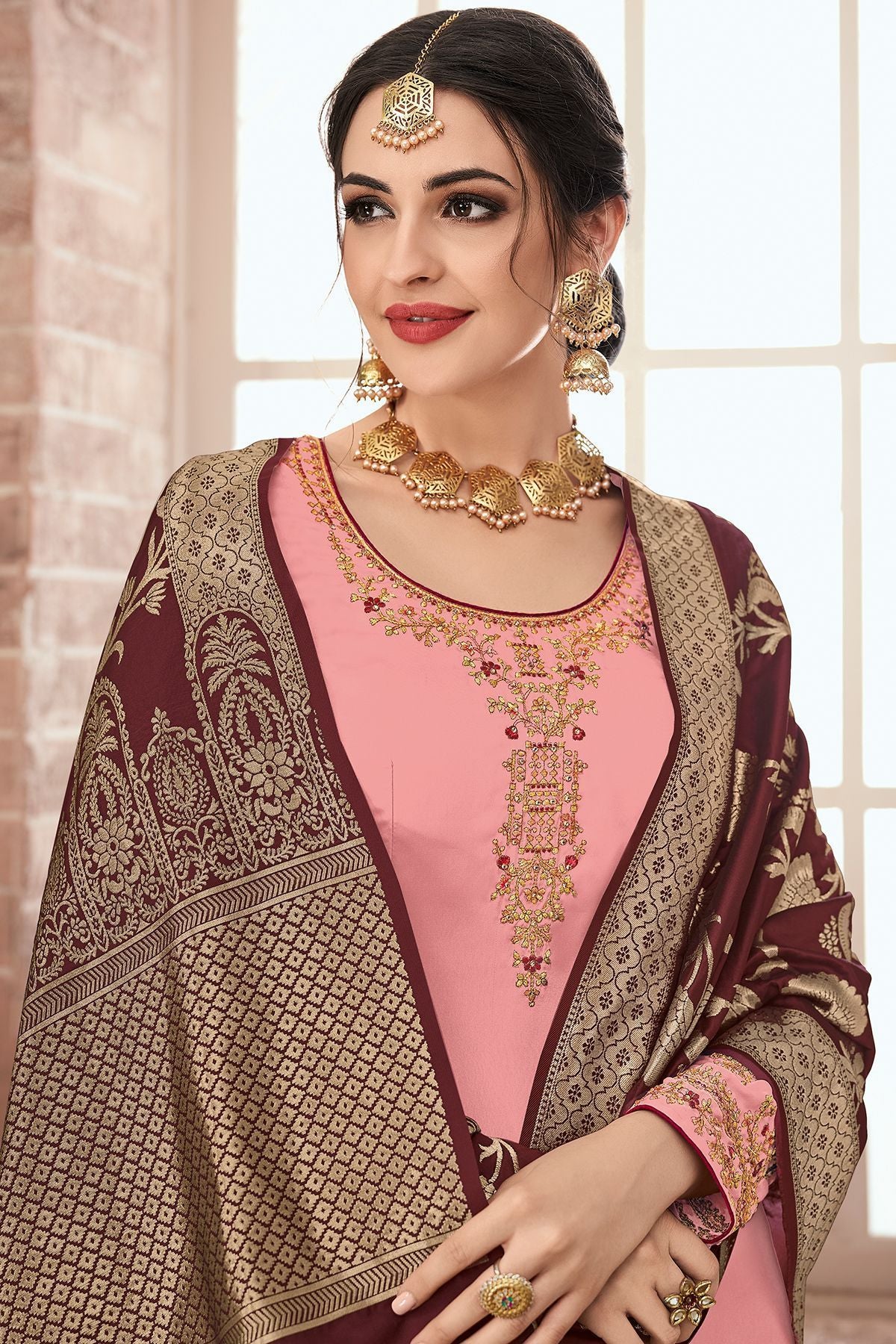 Peach Embroidered Georgette Straight Suit