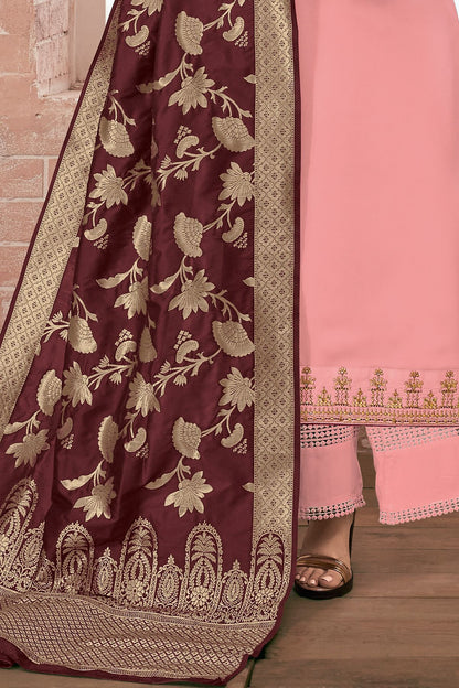 Peach Embroidered Georgette Straight Suit
