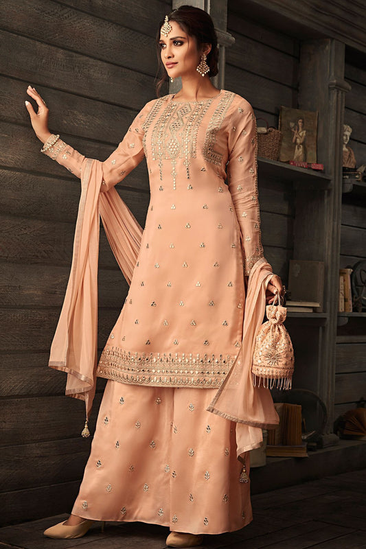 Peach Embroidered Party Wear Palazzo Suit