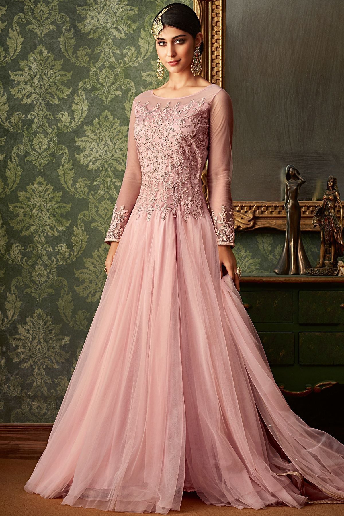 Peach Embroidered Party Wear Slit Cut Suit